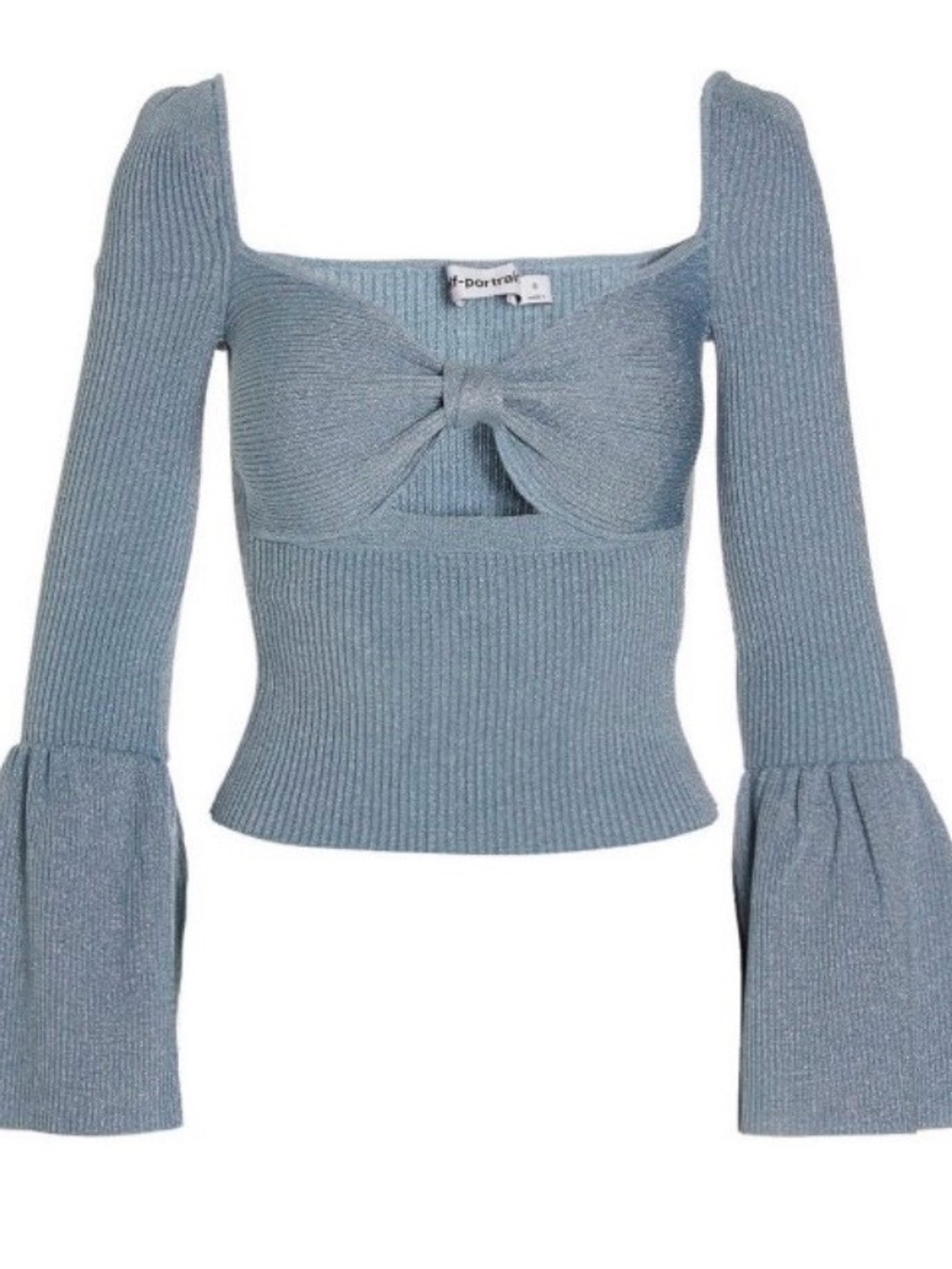 Self-Portrait Dusty Blue Ribbed Tie-Front Long Sleeve Crop Top
